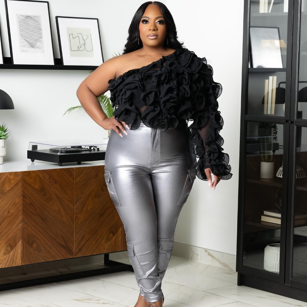 Black Mesh Ruffle Shirt & Silver High Waist Pants